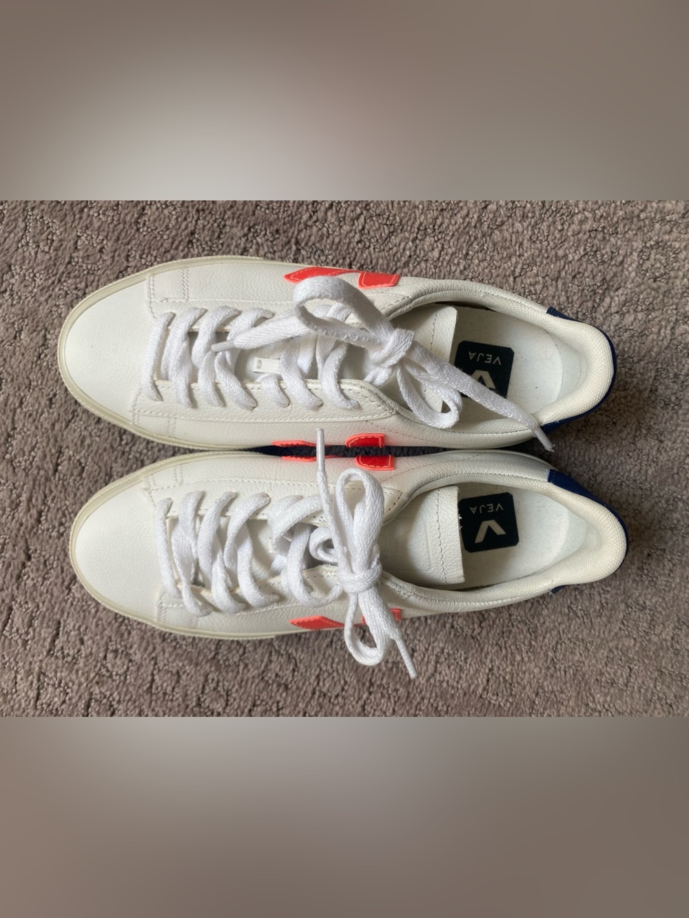 Veja White Sneakers with Orange 'V' and Navy Heel
